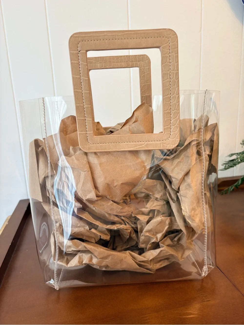 Clear PVC Tote with Tan Square Handles Modern & Easy to Style Structured Light